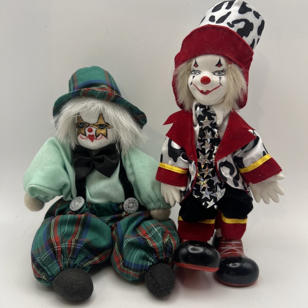 Vintage Porcelain Clown Dolls Pair Lot of 2 Plaid & Cow Print Shelf Sitters 7-8"